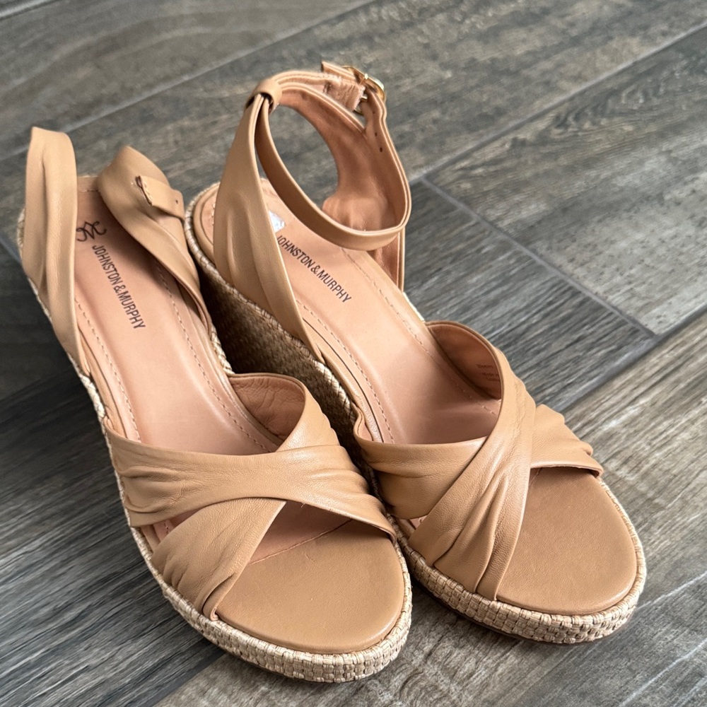 Johnston & Murphy Tan Leather Espadrille Wedge Sandals